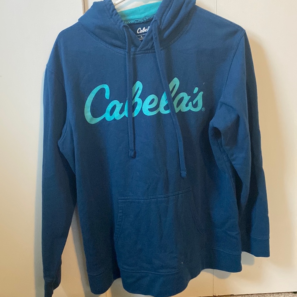 Women’s blue hoodie, cotten material, CABELAS brand, worn barley, size L(run sm)